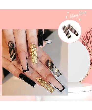 Belicey Black French Press on Nails - Medium Length Luxury Stick on Coffin Nails with Golden Bling Stripes - Full Cover Exquisite Design for Women and Girls - Buy Online on GoSupps.com