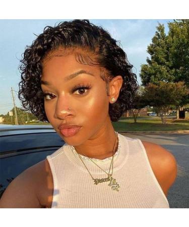 Beauty Forever Curly Wig 13X1 Pixie Cut Lace Front Wigs Human Hair Short Bob Wig 8 Inch, 10A Grade Brazilian Hair Wigs With Lace Front Curly Bob Wigs 150% Density Natural Color 6 Inch pixie cut lace wig 13x1 natural color