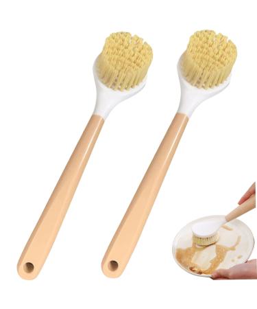 Dish Brush with Handle 2Pcs Dish Scrub Brush Bamboo Dish Brush with Built-in Scraper Dish Washing Brush for Nonstick Frying Pan Cleaning Supplies