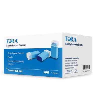 FORA Sterile Safety Lancet, 1.8mm Depth, 30 Gauge, 100 Count, Diabetic Supplies for Blood Glucose Testing. No Lancing Device Needed