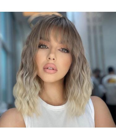AISI HAIR Synthetic Wavy Curly Bob Wig with Bangs Short Bob Wavy Hair Wigs for Women shoulder length Wigs Synthetic Heat Resistant Gradient blonde Brown to Blonde Ombre Wig (Gradient blonde)