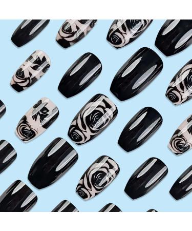 Black Press on Nails - Medium Square Flower Design Glossy Ombre Acrylic Full Cover Kit - 24Pcs for Women | International Shipping - Buy Online on GoSupps.com