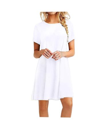 Attine Women's Summer Dresses,Womens Solid Color Summer Swing Outfits Short Sleeve Dress Round Neck Cruise Dresses 2023 A01-white X-Large