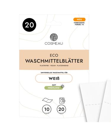 Cosmeau detergent leaves for white laundry - fresh spring - up to 20 washes (10 leaves) - Sustainable detergent leaves - plastic -free & perfect as travel detergent white - fresh spring