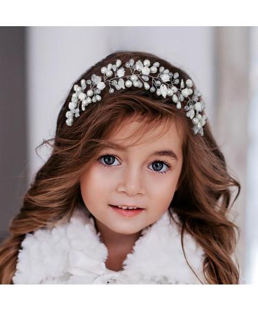 IYOU Flower Girl Headband Silver Floral Pearl Headpiece Crystal Bridal Hair Vines Princess Communion Wedding Hair Accessories for Kids - Buy Online on GoSupps.com