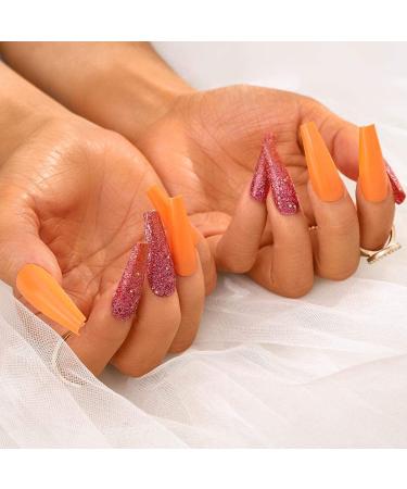 Sethexy Long Shiny Orange Ballerina Press-On Nails | 20pc Acrylic Coffin Nail Tips for Women & Girls | Bling Glitter False Fingernails - Buy Online on GoSupps.com