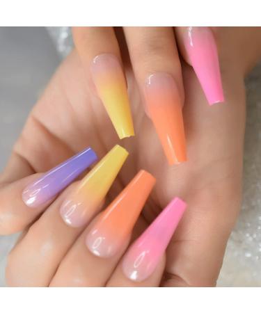 Coolnail Glossy Ombre Rainbow French Coffin False Nails Summer Colorful  Super Long Fake Ballet Nail Yellow Pink Purple Nude Reusable Wear L5880