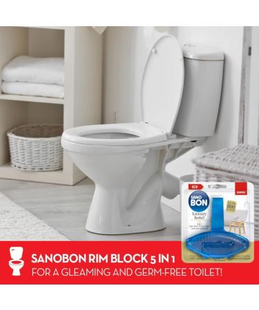 SANOBon Blue Luxury Hotel | 5 in1 Toilet Rim Block | Cleans - Shines - Perfumes - Hygienic - Leaves Water Sparkling Blue | Up to 800 Flushes | 55g + Multipurpose Fiber House Cleaning Sponge (1) Bar - Buy Online on GoSupps.com
