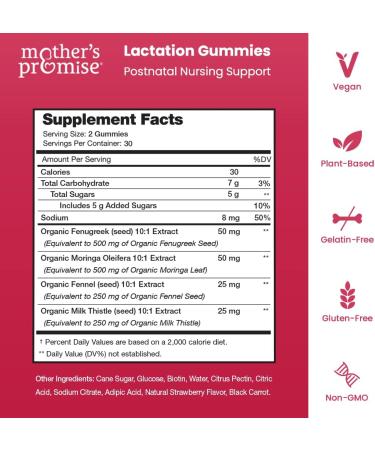 Mother's Promise Lactation Supplement Gummies | Breast Milk Production Increase & Postnatal Support with Fenugreek, Moringa & Milk Thistle | Vegan Friendly - Buy Online on GoSupps.com