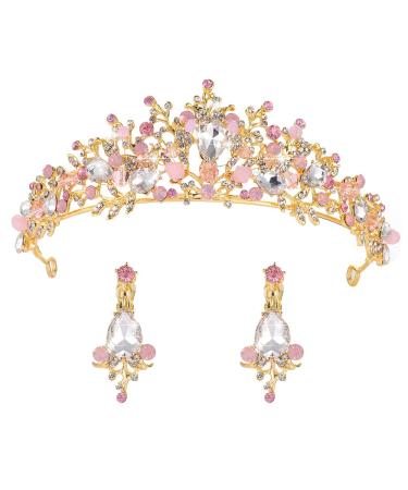 Kamirola Wedding Crown Bridal Tiaras with Earrings Pink Purple Headband for Women and Girls (Pink)
