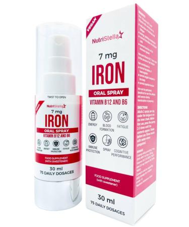 Nutripella Iron Spray - B12+B6 - High BioAvailability - Fast -Acting - High Strength - Gentle on the Stomach - 75 Daily Doses - Red Blood Cells - Immunity - Combats Fatigue - Good Flavor Iron -B12 -AK