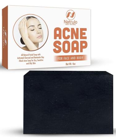 Natrulo Acne Bar Soap with Activated Charcoal & Bentonite Clay - Black Acne Soap for Dry, Sensitive & Oily Skin - All Natural Facial Soap for Pimples & Scars - Homeopathic Acne Treatment Made in USA 4 Ounce (Pack of 1)