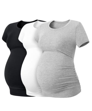 LAPASA Women's Maternity Tops Soft Modal Cotton Pregnancy Tshirts Side Ruched Crew Neck Short Sleeve Tees L55 XL Black+heather Gray+off White