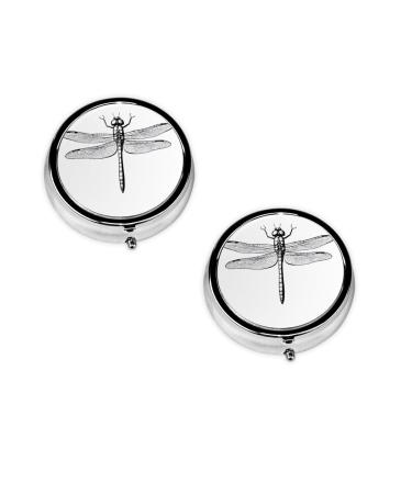 (Dragonfly) Round Pill Box 3 Compartment Pill Box Mini Decorative Pocket Purse Portable Travel Medicine Tablet Vitamin Holder Organizer Pill Case