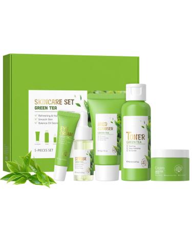 Green Tea Skincare Routine Set Soothe Skin Care Gift Set Deep Cleaning Oil Control Moisturize & Improve Skin Facial Care Set with Cleanser Toner Serum Eye Cream and Face Cream