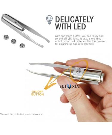 Eutuxia Tweezers with LED Light. Eyebrow and Eyelash Hair Removal Tool. Pluck & Trim Unwanted Hairs. Illuminate Dark Areas with Bright Lighting for Better Accuracy & Precision. Stainless Steel. 2 PK  - Buy Online on GoSupps.com