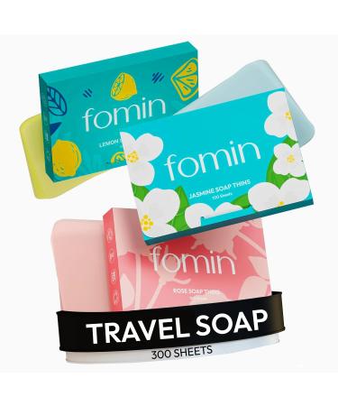 FOMIN - Antibacterial Paper Soap Sheets for Hand Washing - (300 Sheets) Rose Jasmine Lemon Portable Travel Dissolvable Camping Mini Soap Portable Hand Soap Sheet Variety Pack (Rose Jasmine Lemon)