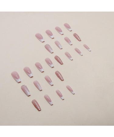 Justotry Glitter French Fake Nails - 24 Pcs White & Pink Diamond Patterns | Medium Ballerina Shape Acrylic Coffin False Nails with Glue - Buy Online on GoSupps.com
