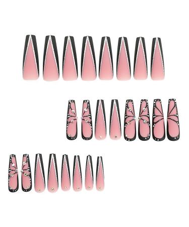 Buy Long Coffin Black Glossy Press on Nails - Rhinestone Butterfly Designs | Extra Long Square Acrylic False Nails for Women - Buy Online on GoSupps.com