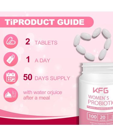 KFG Women's Probiotic 100 Billion CFUs 20 Strains with Organic Prebiotics+Cranberry & D-Mannose for Boost Immune Digestive Gut Vaginal & Urinary Health Gluten Dairy & Soy Free 100 Tablets. - Buy Online on GoSupps.com