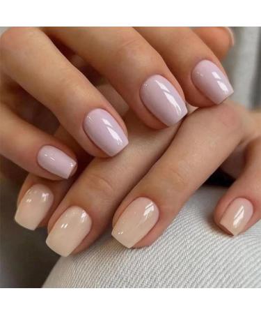 Justotry 24 pieces purple and nude nails to stick on medium motif glossy single -colored angular press on nails French artificial nails square fingernails fake nails for women 918purple & nude6