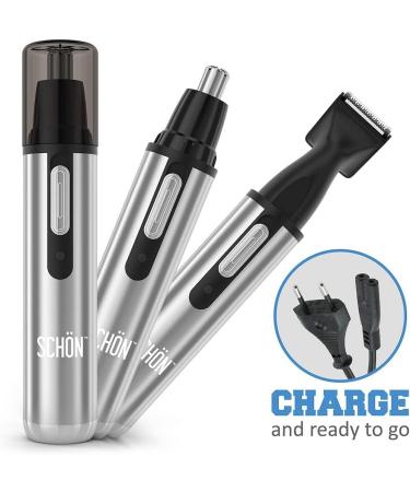 SCHON Stainless Steel Rechargeable 3-in-1 Hair Trimmer & Clipper for Men & Women - Nose, Ear, Eyebrow & Facial Hair Removal Grooming Kit - Silver - Buy Online on GoSupps.com