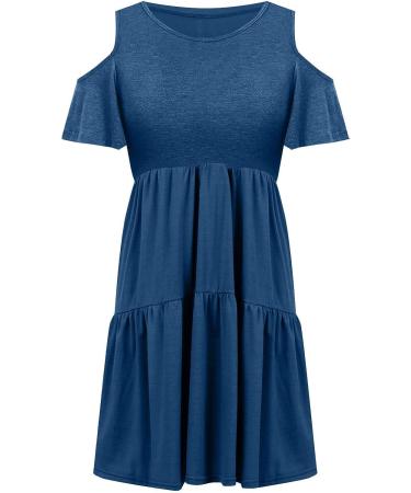 Women's Summer Floral Cold Shoulder T-Shirt Dress with Pocket - Blue Medium - Buy Online on GoSupps.com