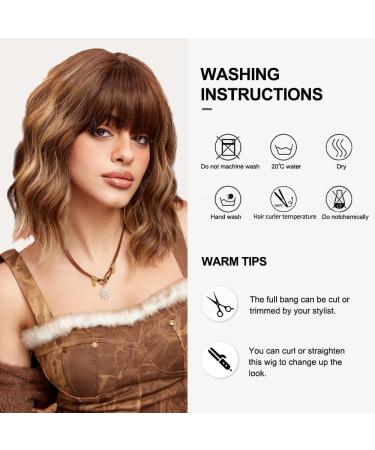 OUFEI Brown Mixed Blonde Wigs for Women Short Wavy Wig With Bangs Natural Synthetic Hair Heat Resistant Wigs for Daily Party Cosplay Wear - Buy Online on GoSupps.com