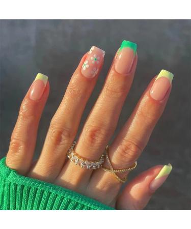 French Tips Press on Nails Short with White Flower Design Square Fake Nails Yellow Green French Nails False Nails with Glue Stickers Spring Press On Nail Acrylic Glossy Stick on Nails for Women Girls white_floret