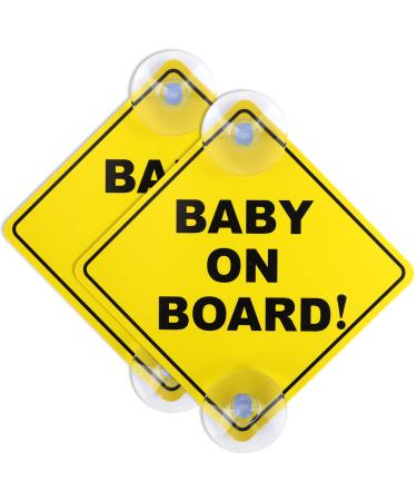 2 Pcs Baby on Board Sign for Car 12cm x 12cm Safety Baby on Board Car Warning Signs with Double Suction Cups Reusable Durable Car Baby Stickers for Car Window Easy to Apply & Remove