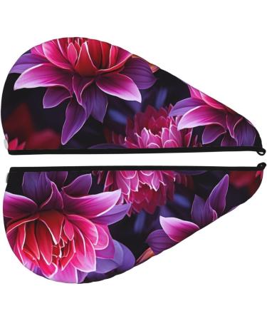 Flower Leaves Purple Red Flower Print Dry Hair Cap for Women Coral Velvet Hair Towel Wrap Absorbent Hair Drying Towel with Button Quick Dry Hair Turban for Travel Shower Gym Salons - Buy Online on GoSupps.com