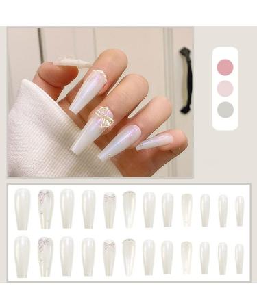 Press on Nails 3 Sets Pearl Bow Press-on Nails Long Aurora Powder Artificail Nails Fake Nail for Women Girls (Color : White) (Color : White) (White) - Buy Online on GoSupps.com
