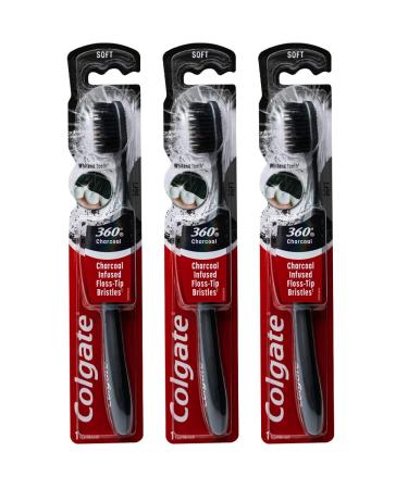 Colgate 360 Charcoal Infused Toothbrush Floss-Tip Bristles Soft (Colors Vary) - Pack of 3