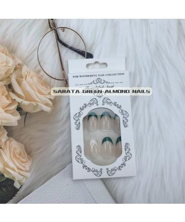 24Pc Short Glossy Almond Design Press on Nails - French Green False Nails Kit with Glue - Oval Green White Nail Tips - Buy Online on GoSupps.com
