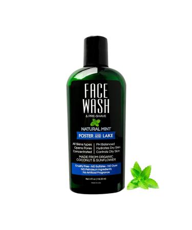 Foster and Lake Face Wash For Men with Organic Ingredients - Facial Cleanser Pre Shave - 4 Oz - Natural Mint Fragrance - Mens Face Wash Removes Excess Oils - Shave Prep - All Skin Types