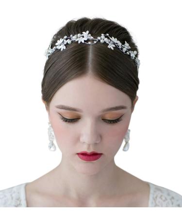 SWEETV Bridal Pearl Headband Silver-Leaf Crystal Bridal Headpiece Wedding Hair Accessories Jewelry Tiara for Women  Diameter: 14.5 cm