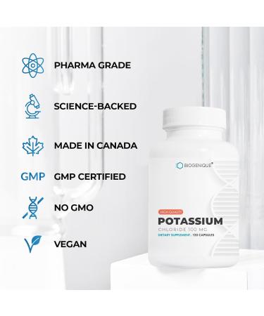 Biogenique Potassium Chloride - 120 Capsules Potassium 100MG - Healthy Muscle Function Heart Health & Electrolyte Balance - Made in Canada Pharmaceutical Grade Non-GMO - Buy Online on GoSupps.com