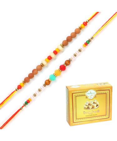 Ghasitaram Gifts Rakhi for Brother Rakhis Online - Set of 2 6045 6082 Rakhi Threads with 400 GMS of Soan Papdi