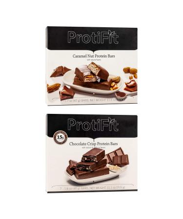 PROTIFIT - Low Calorie Caramel Nut & Chocolate Crisp Protein Bar 2 Pack High Protein 15g Protein Low Carb Low Sugar Ideal Protein Compatible 7 Servings Per Box (2 Pack)