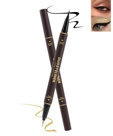 Black Gold Liquid Eyeliner Makeup Pen 2-in-1 Metallic Shimmer Glitter Eyeliner Pencil Waterproof Smudge Proof Long Lasting High Pigmented Colored Matte Eye liner with Ultra-Fine Tip Gift for Women-02 02#