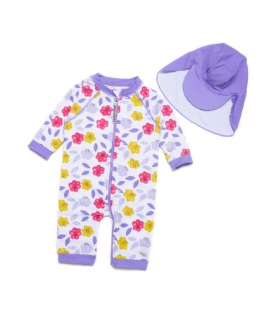 BONVERANO Baby Girls Swimsuit Toddler Bathing Suit Full-Length Zipper One Piece Swimwear with UPF 50+ Sun Protection Purple Flower 2-3 Years