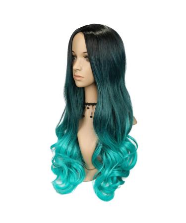 HANNE Ombre Bluish Green Wigs - Long Wavy Heat Resistant Synthetic Hair for Women | Aqua Teal Body Wave Wigs - Buy Online on GoSupps.com