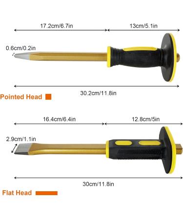 2 Pack 12 Inch Heavy Duty Cold Chisel Set with Hand Protection Flat and Pointed Head Tile Concrete Chisel Tool for Carving Demolishing Chipping - Buy Online on GoSupps.com
