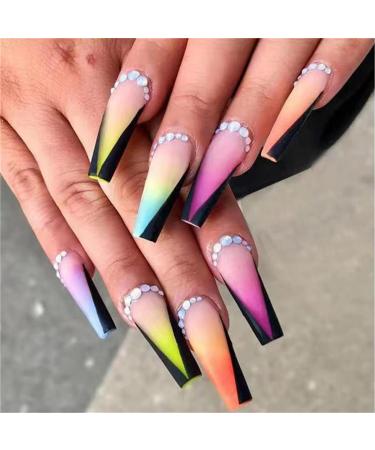 Long Fake Nail Full Cover with Glue Detachable Summer Rainbow Press on Nails 24 Pieces Finger Nail Art Tips for Nail Salons and Women DIY Nail Art