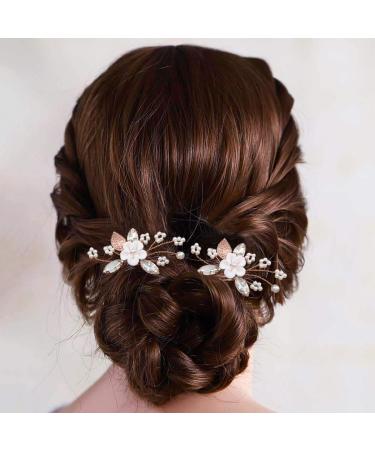 Flower Bride Wedding Hair Pins - Pearl & Crystal Hair Accessories (Pack of 2) - Rose Gold - Buy Online on GoSupps.com