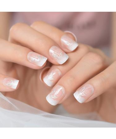 Shop Coolnail Holo Bling Butterfly Glitter Fake Nails - Pink Nude White French Squoval Square Press-On Nail Art Tips - International Shipping Available - Buy Online on GoSupps.com