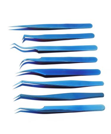 Eyelash Tweezers Set for Extensions - 8-Piece Stainless Steel Blue Tweezers with Straight & Bent Tips - Buy Online on GoSupps.com