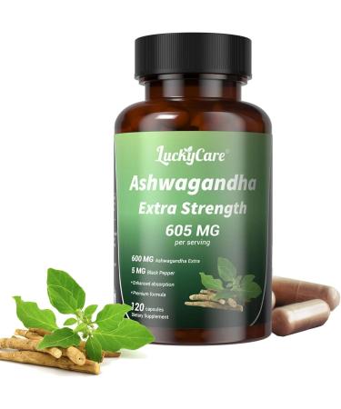 Luckycare Ashwagandha Capsules 600mg Extra Strength Root Extract with Black Pepper Vegan Non-GMO Supplement Made in USA 120 Capsules