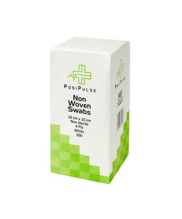 Posi Pulse 10cm x 10cm 200ct Non-Sterile Gauze Swabs - 4 Ply Non-Woven Blend of Soft Strong Smooth Viscose/Polyester 30g Latex Free CE Certified White for Wound Dressing Cleaning Absorption