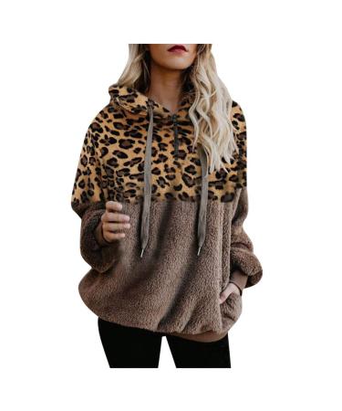 Bigfanshu Women's Tops Leopard Patchwork Long Sleeve Sweatshirt Pullover Shirt Blouse Khaki